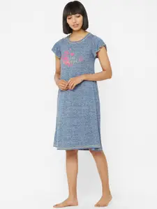 Soie Women Blue Printed Knee Length Nightdress