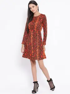 Oxolloxo Women Orange & Red Snakeskin Printed Fit and Flare Dress