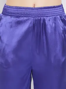 Oxolloxo Women Blue Satin Finish Solid Lounge Pants