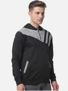 Campus Sutra Men Black & Grey Colourblocked Hooded Sweatshirt