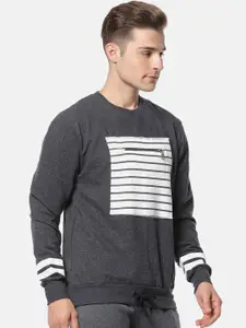 Campus Sutra Men Charcoal Grey & White Striped Sweatshirt