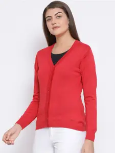 Monte Carlo Women Coral Red Solid Cardigan Sweater