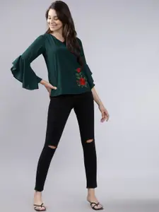Tokyo Talkies Women Green & Red Embroidered Top