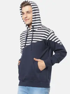 Campus Sutra Men White & Navy Blue Striped Hooded Sweatshirt