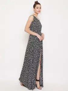 Berrylush Women Black and White Floral Print One Shoulder Maxi Dress