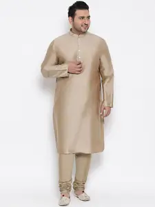 KISAH PLUS Men Grey & Khaki Solid Kurta with Churidar & Nehru Jacket
