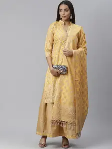 Chhabra 555 Women Yellow & Beige Woven Design Handloom Chanderi Kurta with Skirt & Dupatta