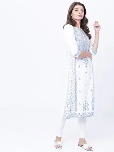 Vishudh Women White & Blue Printed Straight Kurta