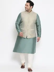 KISAH PLUS Men Beige & Blue Woven-Design Nehru Jacket