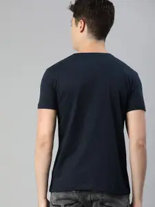 Urbano Fashion Men Mustard Yellow & Navy Blue Set of 2 Solid V-Neck T-shirt