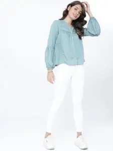 Tokyo Talkies Women Blue Self Design Shirt Style Top