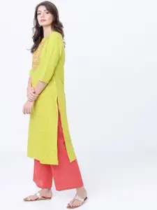 Vishudh Women Lime Green & Pink Embroidered Straight Kurta