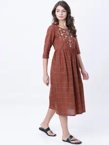 Vishudh Women Brown Checked Fit and Flare Dress