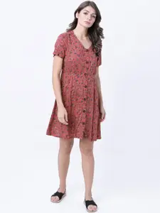 Tokyo Talkies Women Peach-Coloured Printed Fit and Flare Dress