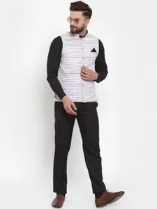 KLOTTHE Men Off White & Brown Striped Woven Cotton Nehru Jacket