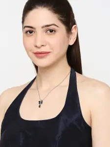 Mahi Rhodium-Plated Silver-Toned & Blue CZ Stone-Studded Butterfly Shaped Pendant with Chain