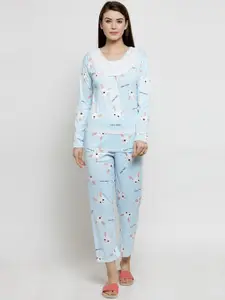 Claura Women Blue & White Printed Night Suit