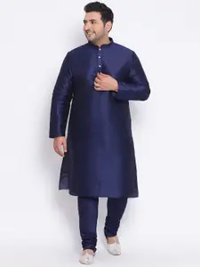 KISAH PLUS Men Navy Blue & Beige Solid Kurta with Churidar & Nehru Jacket
