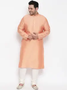 KISAH PLUS Men Peach-Coloured & Cream-Coloured Solid Kurta with Churidar & Nehru Jacket