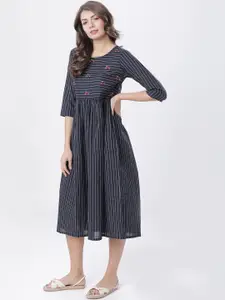 Vishudh Women Navy Blue Striped Embroidered Fit and Flare Dress