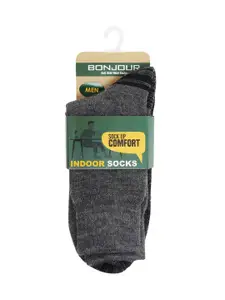 Bonjour Men Grey & Black Patterned Anti-Skid Woolen Calf Length Socks