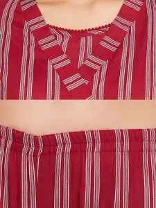 Clovia Women Maroon & White 3 Piece Striped Night suit