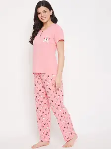 Clovia Women Pink & Red Printed Night Suit