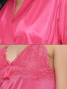 Clovia Pink Solid Lace Nightdress with Robe NS1278P22S