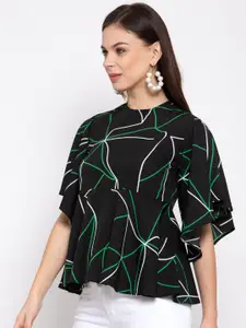 Style Quotient Black Printed Flared Sleeves Crepe Peplum Top