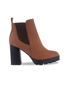 London Rag Women Tan Brown Solid Suede Heeled Boots