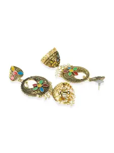ANIKAS CREATION Gold-Toned & Green Contemporary Jhumkas
