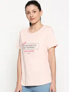 People Women Pink Printed Round Neck Cotton Pure Cotton T-shirt