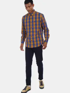 U.S. Polo Assn. Men Mustard & Navy Blue Regular Fit Checked Casual Shirt