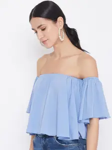 Berrylush Women Blue Solid Bardot Top