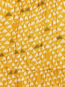 Campana Girls Mustard Floral Printed Fit and Flare Raglan Sleeve Dress