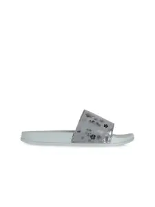 ELLE Women Grey & Silver-Toned Printed Sliders