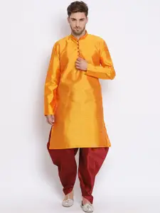 Hangup Men Yellow & Maroon Solid Kurta Set with Waistcoat