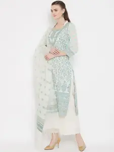 Safaa White & Sea Green Cotton Blend Woven Design Unstitched Dress Material For Summer