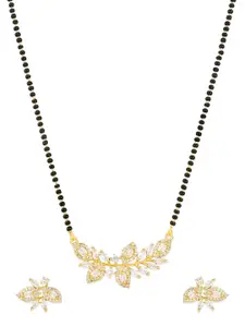 aadita Gold-Plated Black & White AD-Studded Beaded Mangalsutra with Earrings
