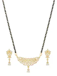 aadita Gold-Plated Black & White AD-Studded & Beaded Mangalsutra With Earrings