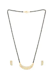 aadita Gold-Plated Black & White AD-Studded & Beaded Mangalsutra With Earrings