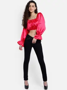 Marzeni Fuchsia Pink Bell Sleeves Satin Blouson Crop Top
