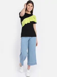 Marzeni Black & Yellow Colourblocked Regular Top