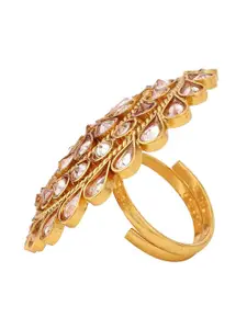 Rubans Gold-Plated Beige Kundan-Studded Handcrafted Adjustable Finger Ring
