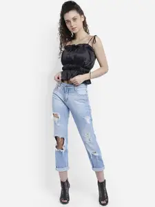 Marzeni Black Satin Cinched Waist Crop Top