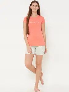 Sweet Dreams Women Coral & Sea Green Printed Night suit