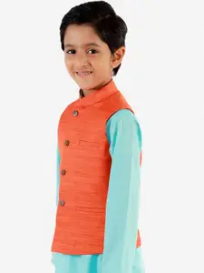 VASTRAMAY Boys Orange Solid Woven Nehru Jacket