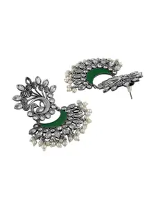 Adwitiya Collection Silver-Plated & Green Peacock Shaped Chandbalis