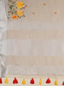 KAJREE Cream-Coloured Printed Pure Linen Saree