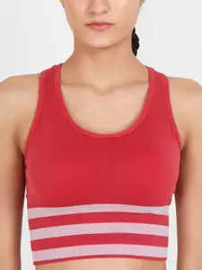 Lebami Red & White Solid Non-Wired Removable Padding Workout Bra Stripes Bra Red_30C